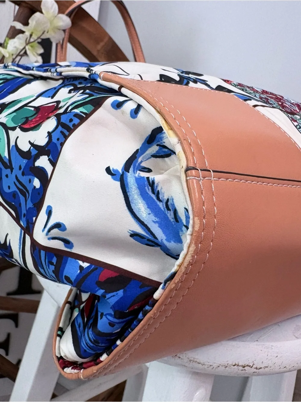 TORY BURCH Retired Blue Floral Patchwork Ella Tote with Tan Leather Details